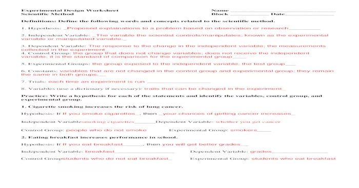 Experimental design scientific method worksheet