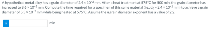 A hypothetical metal alloy has a grain diameter of